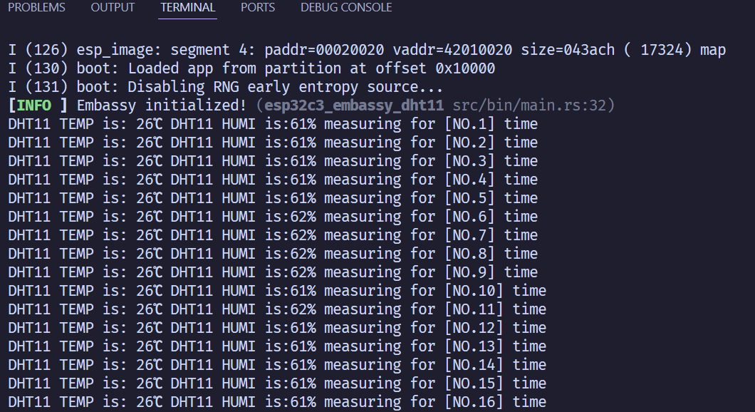 DHT11 temperature and humidity output in terminal
