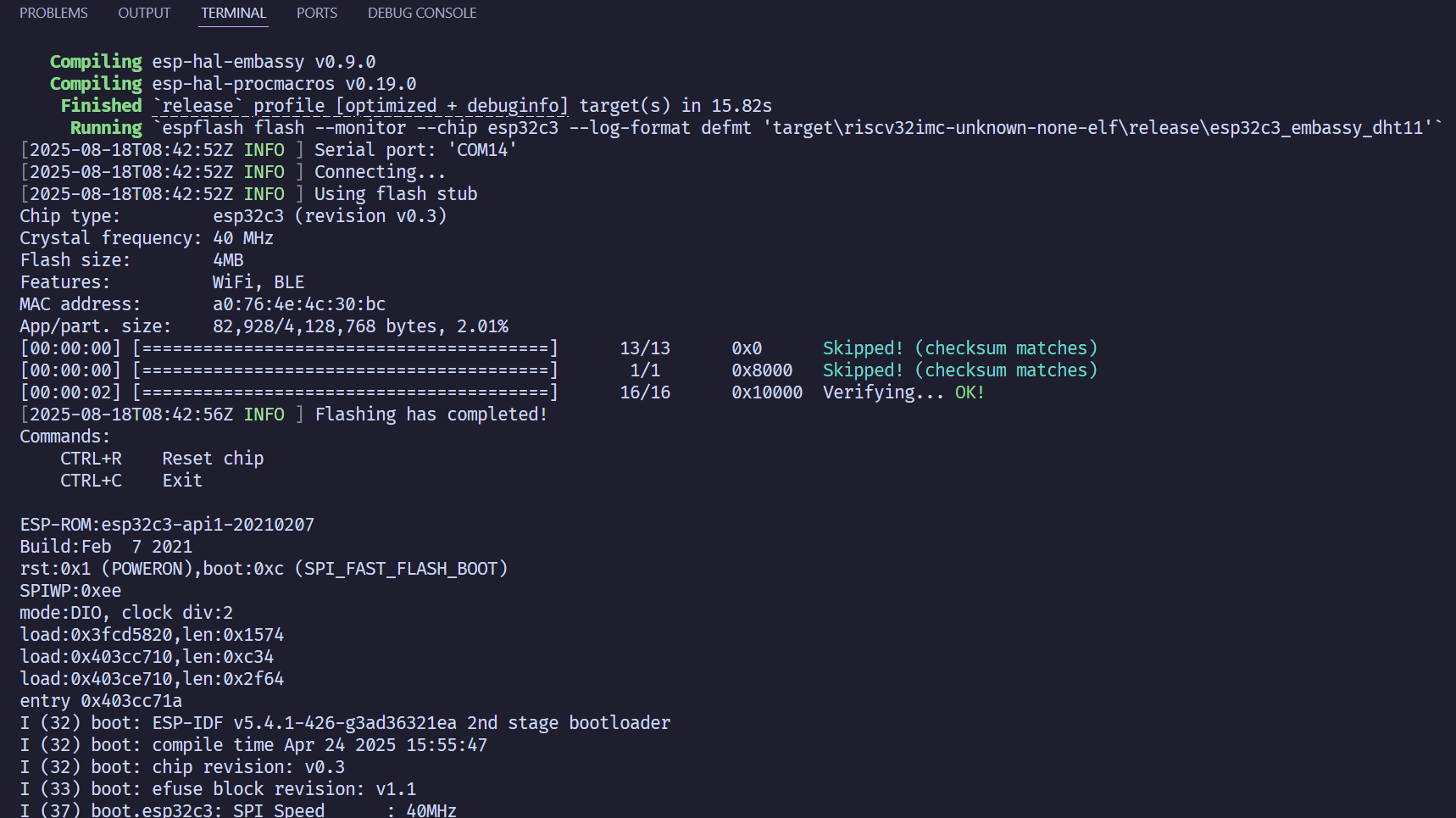 terminal showing ESP32-C3 firmware compilation complete