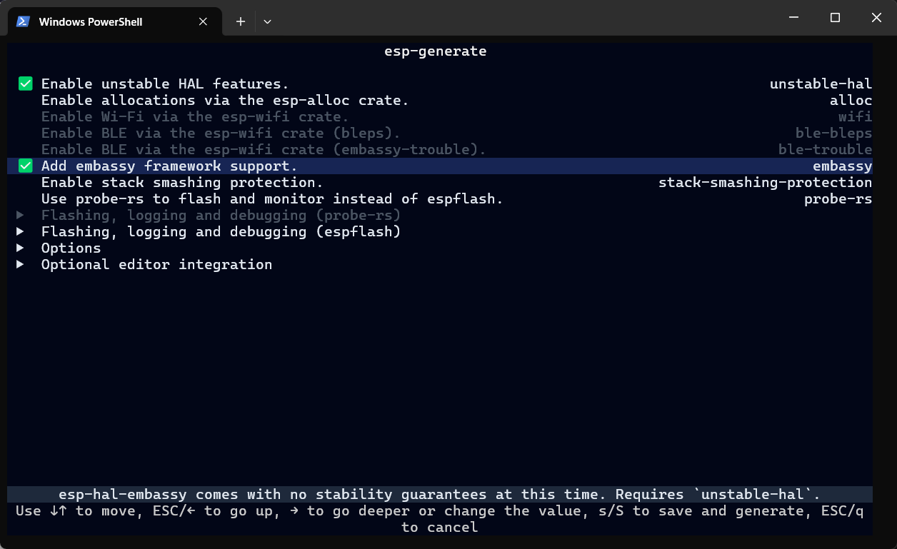esp-generate feature selection screen