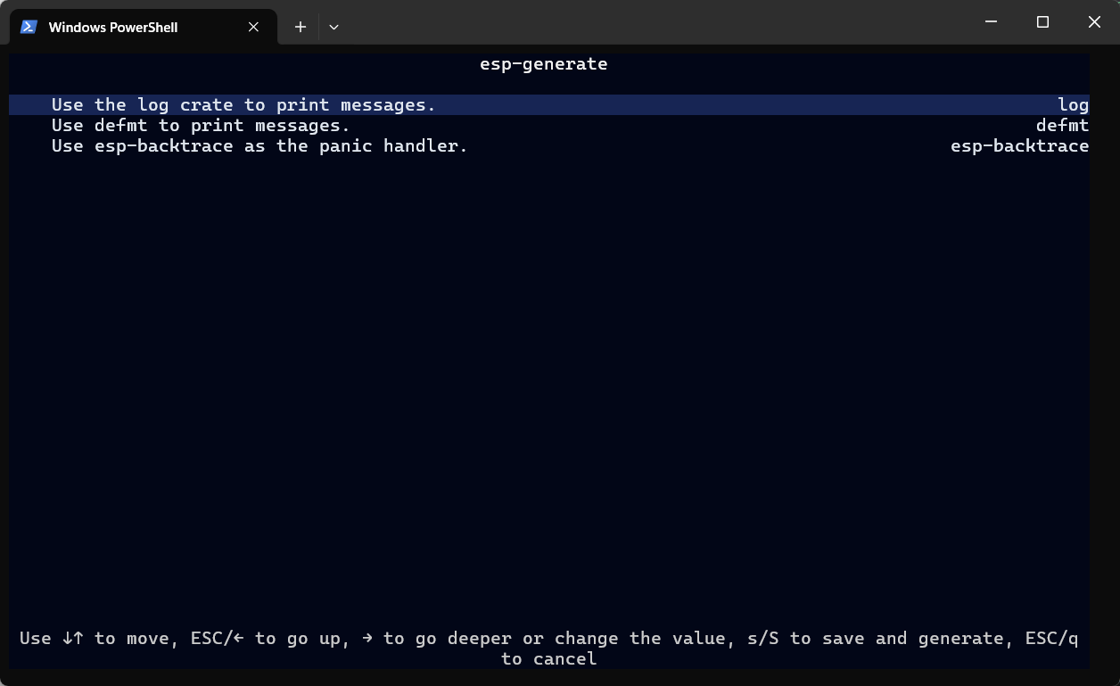 espflash feature group in esp-generate