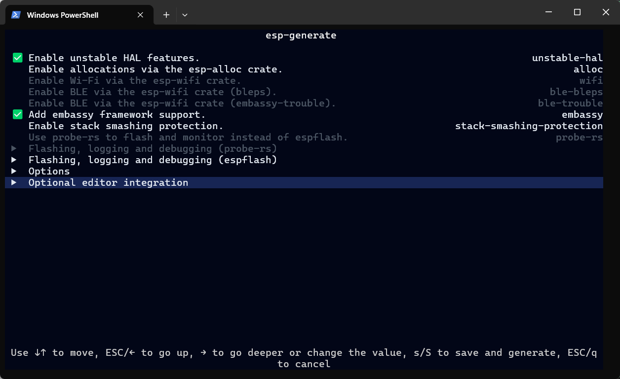optional editor integration menu in esp-generate