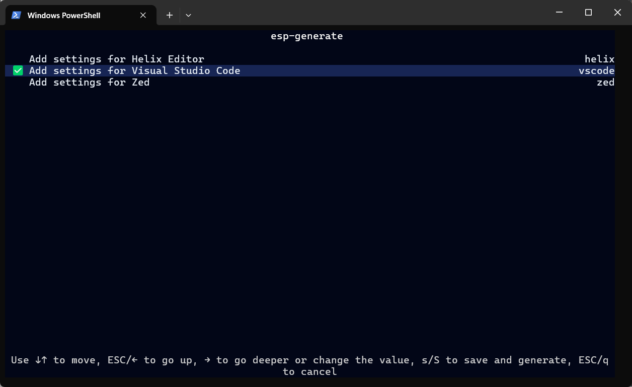 VSCode editor integration selected in esp-generate