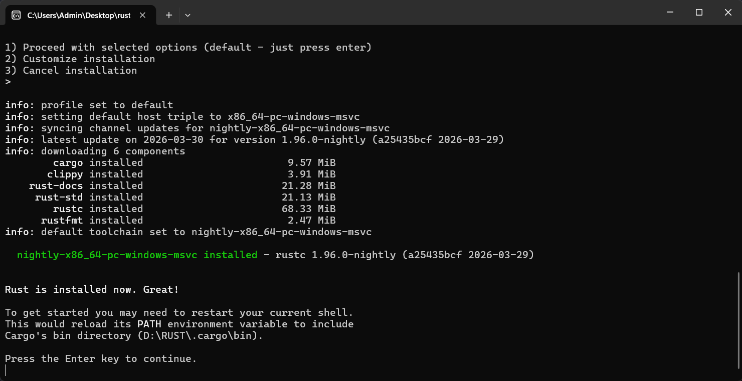 Rust installed successfully message