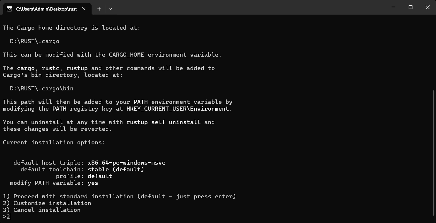 rustup customize installation menu