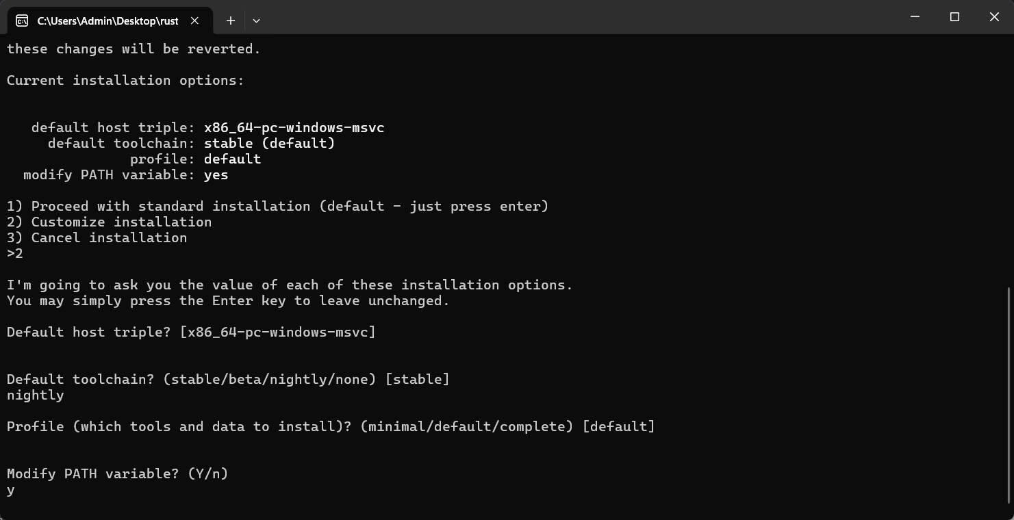 rustup PATH modification prompt