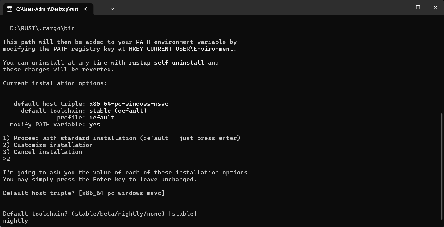 rustup toolchain selection prompt