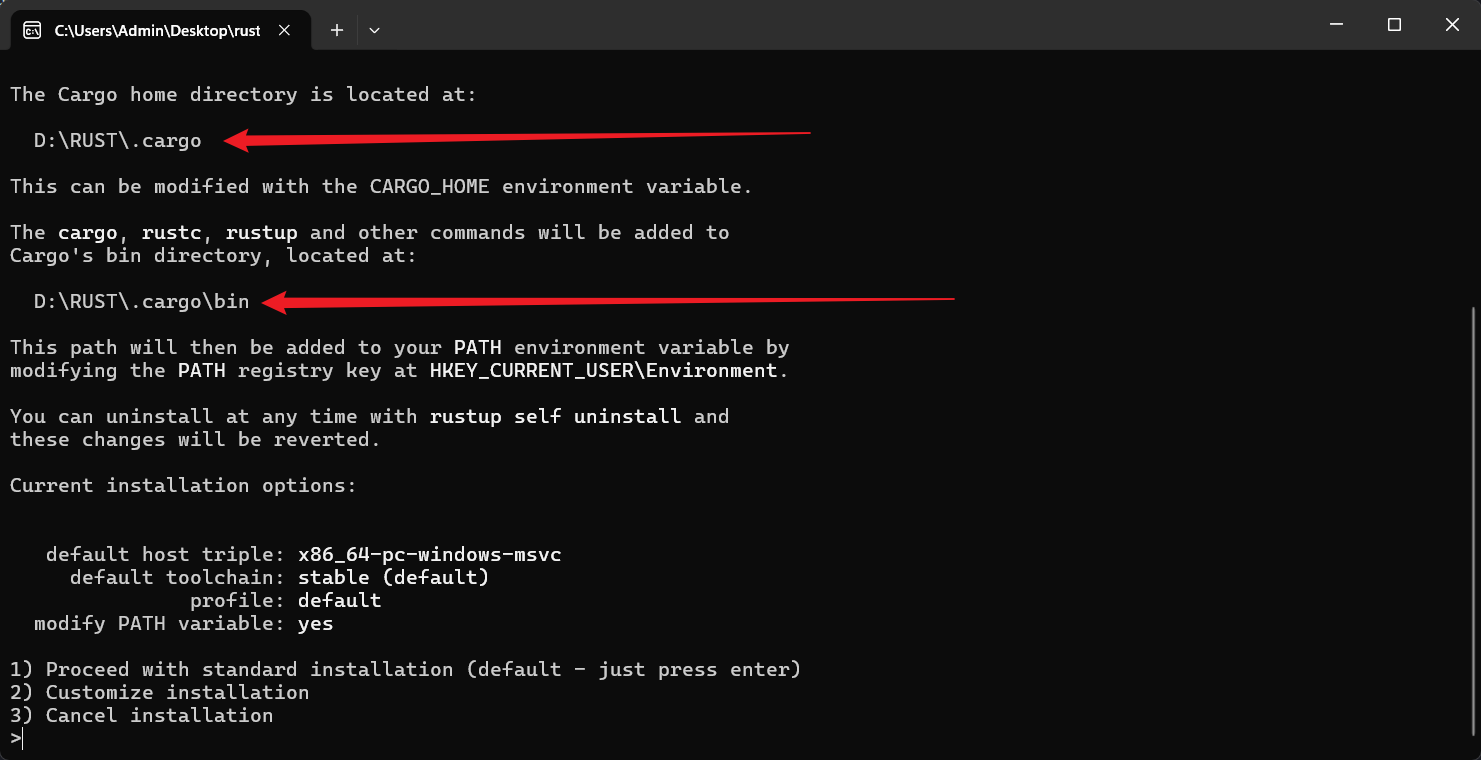 rustup-init startup options