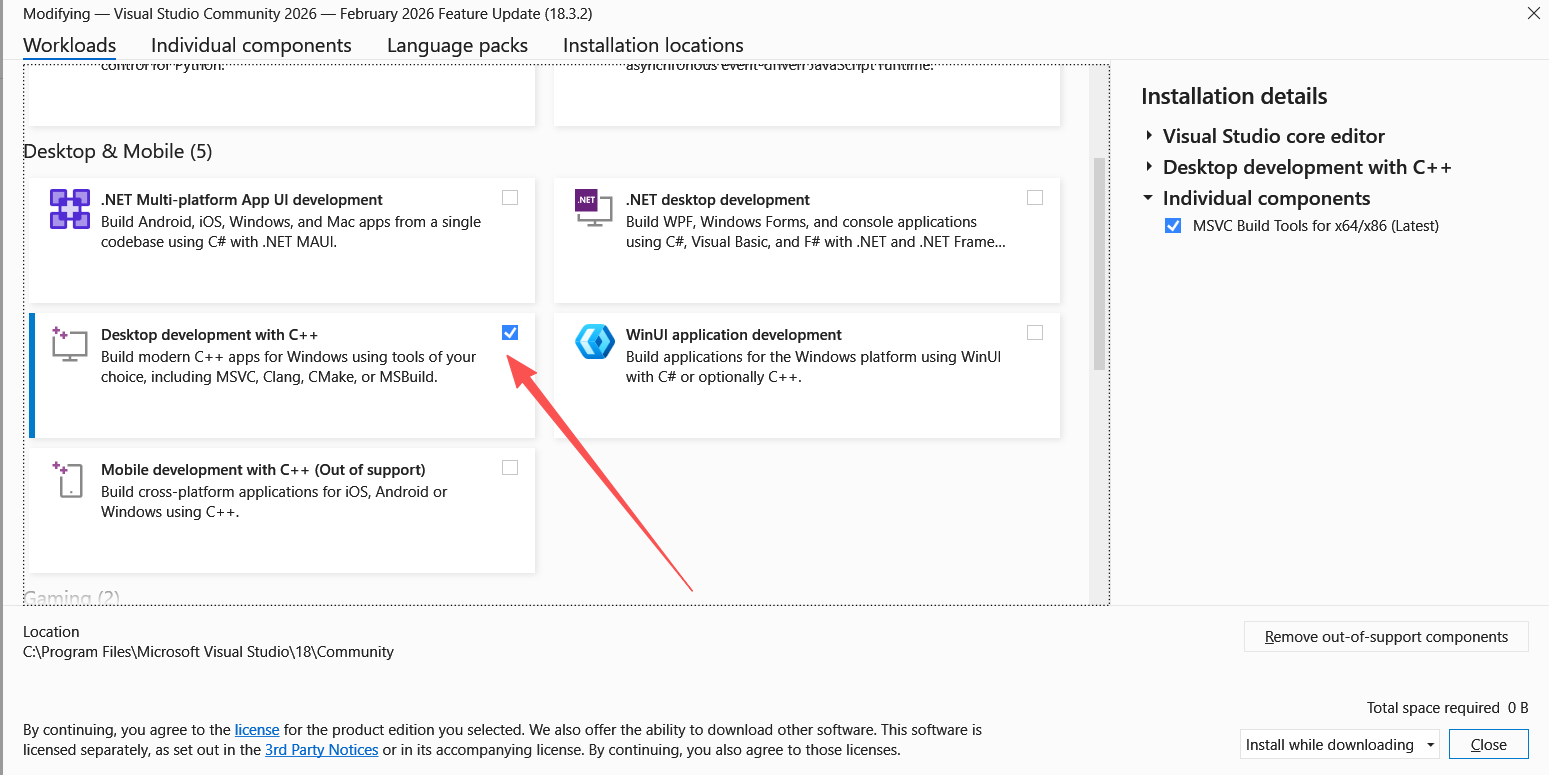 Visual Studio desktop development workload selected