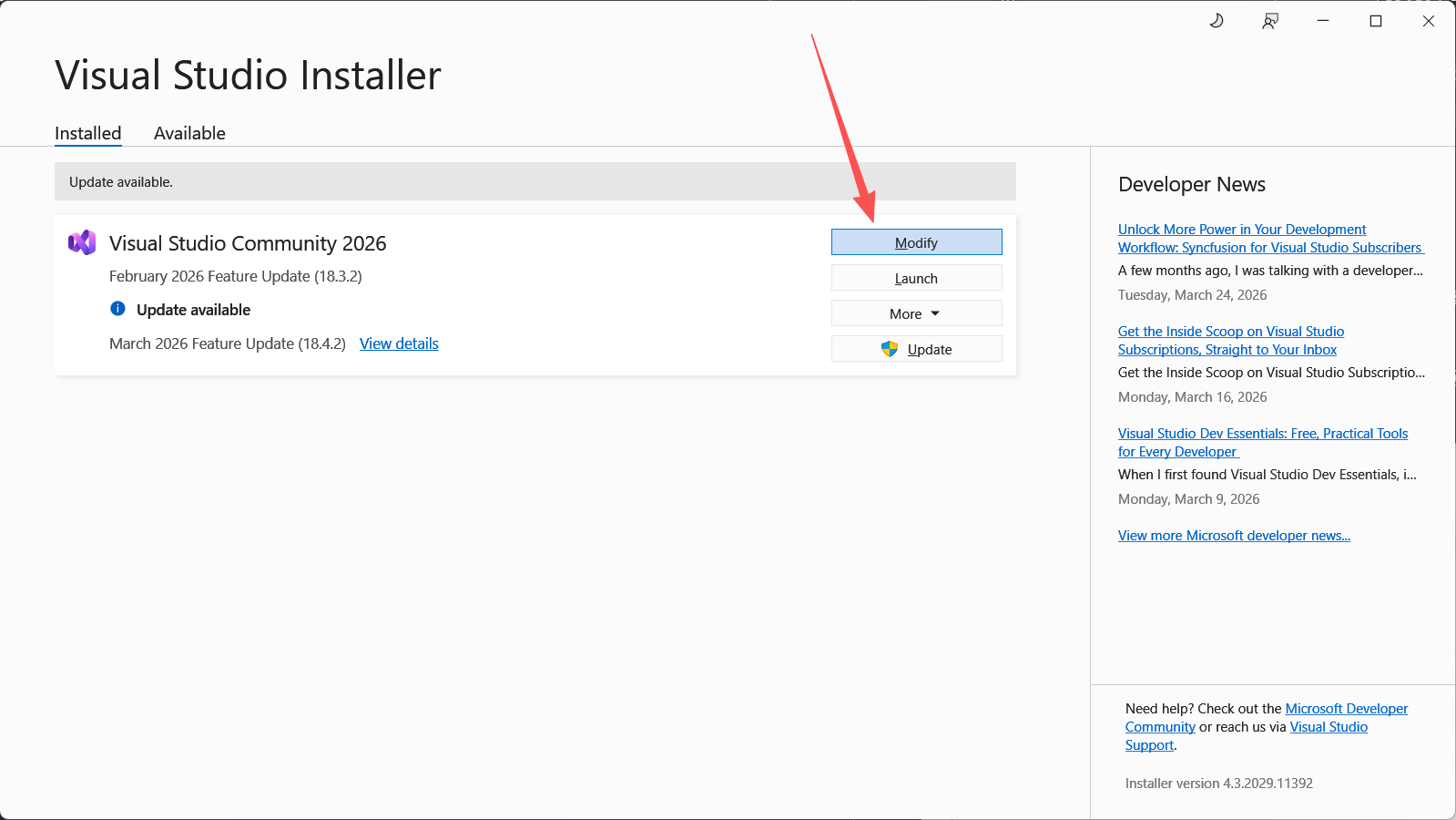 Visual Studio Installer modify button