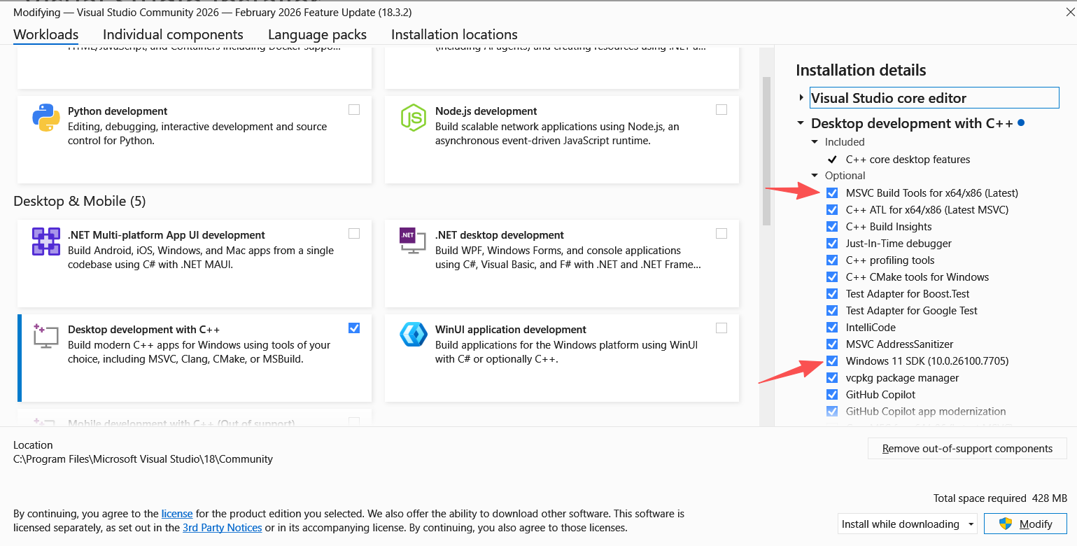 Windows SDK component selected in Visual Studio Installer